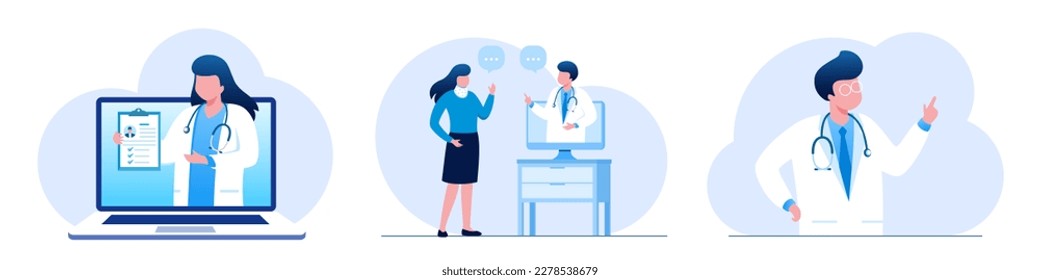 Online medical consultation and support. Online doctor. Healthcare services, Ask a doctor. Family doctor, gynecologist with stethoscope on the laptop screen. Flat vector illustration