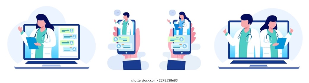 Online medical consultation and support. Online doctor. Healthcare services, Ask a doctor. Family doctor, gynecologist with stethoscope on the laptop screen. Flat vector illustration