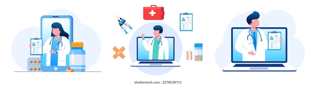 Online medical consultation and support. Online doctor. Healthcare services, Ask a doctor. Family doctor, gynecologist with stethoscope on the laptop screen. Flat vector illustration