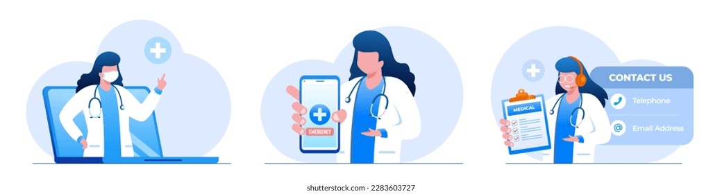 Online medical consultation and support. Online doctor. Healthcare services, Ask a doctor. Family doctor, gynecologist with stethoscope on the laptop screen. Flat vector illustration	
