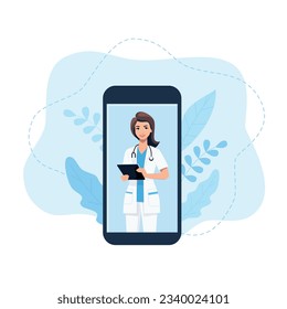 Online medical consultation and support. Online doctor. Healthcare services, Ask a doctor. Family female doctor, therapist with stethoscope on the laptop screen. People Seeking Medical Help.