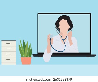 Online medical consultation and support. Online doctor help. Virtual medical help and services on a laptop flat vector illustration.
