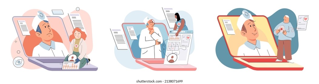 Online medical consultation and support metaphor. Online doctor. Healthcare services, Ask doctor. Tele medicine e-health service. Therapist videocalling phone screen. Diagnosis treatment of patients