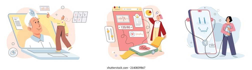 Online medical consultation and support metaphor. Online doctor. Healthcare services, Ask doctor. Tele medicine e-health service. Therapist videocalling phone screen. Diagnosis treatment of patients