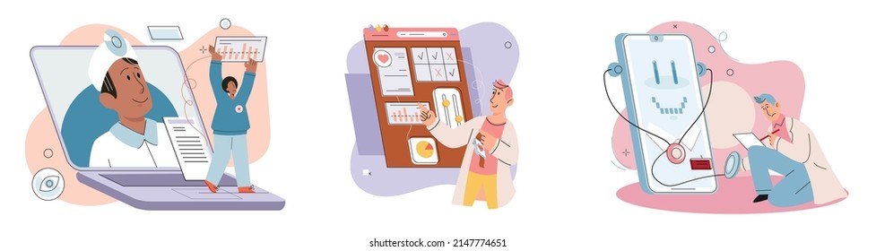 Online medical consultation and support metaphor. Online doctor. Healthcare services, Ask doctor. Tele medicine e-health service. Therapist videocalling phone screen. Diagnosis treatment of patients