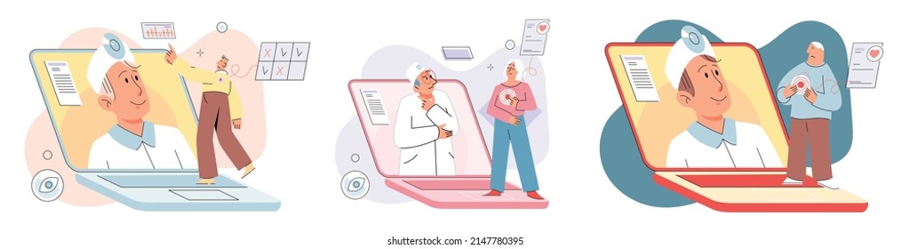 Online medical consultation and support metaphor. Online doctor. Healthcare services, Ask doctor. Tele medicine e-health service. Therapist videocalling phone screen. Diagnosis treatment of patients