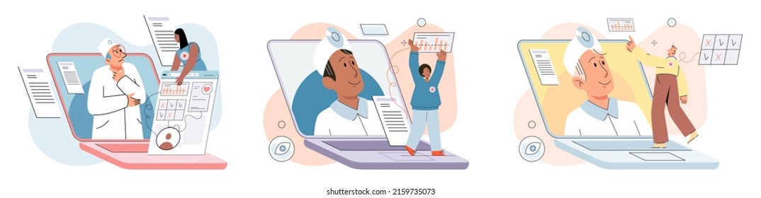 Online medical consultation and support metaphor. Online doctor. Healthcare services, Ask doctor. Tele medicine e-health service. Therapist videocalling phone screen. Diagnosis treatment of patients