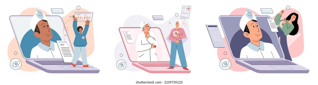 Online medical consultation and support metaphor. Online doctor. Healthcare services, Ask doctor. Tele medicine e-health service. Therapist videocalling phone screen. Diagnosis treatment of patients