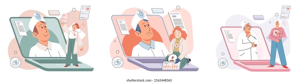 Online medical consultation and support metaphor. Online doctor. Healthcare services, Ask doctor. Tele medicine e-health service. Therapist videocalling phone screen. Diagnosis treatment of patients