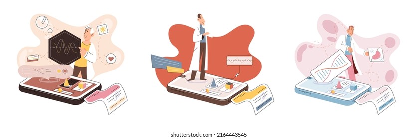 Online medical consultation and support metaphor. Online doctor. Healthcare services, Ask doctor. Tele medicine e-health service. Therapist videocalling phone screen. Diagnosis treatment of patients