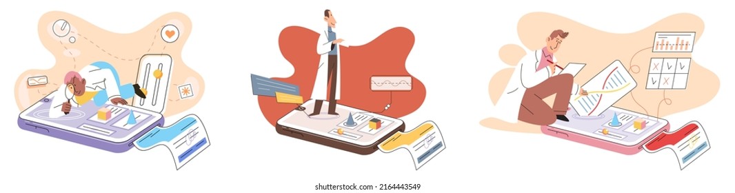 Online medical consultation and support metaphor. Online doctor. Healthcare services, Ask doctor. Tele medicine e-health service. Therapist videocalling phone screen. Diagnosis treatment of patients