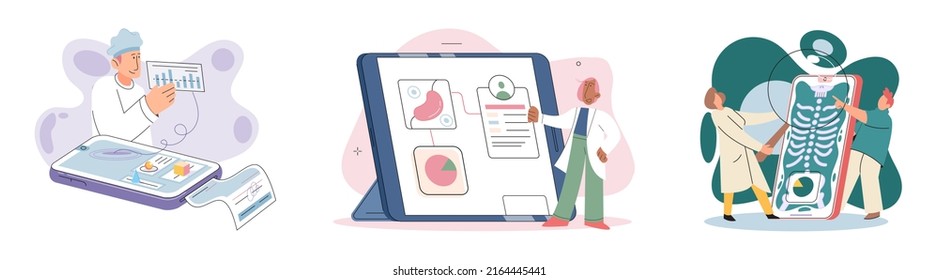 Online medical consultation and support metaphor. Online doctor. Healthcare services, Ask doctor. Tele medicine e-health service. Therapist videocalling phone screen. Diagnosis treatment of patients