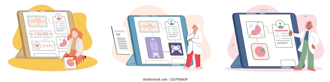 Online medical consultation and support metaphor. Online doctor. Healthcare services, Ask doctor. Tele medicine e-health service. Therapist videocalling phone screen. Diagnosis treatment of patients