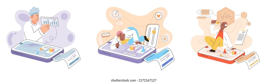 Online medical consultation and support metaphor. Online doctor. Healthcare services, Ask doctor. Tele medicine e-health service. Therapist videocalling phone screen. Diagnosis treatment of patients