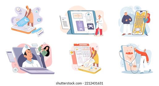 Online medical consultation and support metaphor. Online doctor. Healthcare services, Ask doctor. Tele medicine e-health service. Therapist videocalling phone screen. Diagnosis treatment of patients