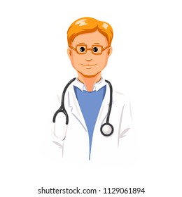 Online medical consultation and support in mobile phone. Online doctor. Vector illustration in flat style - male doctor character and cell phone icon. With hand drawn lettering "Doctor". 