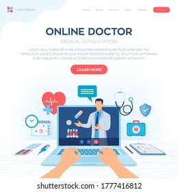 Online medical consultation and support services concept. Online healthcare and medical advise. Tele medicine e-health service. Doctor videocalling on laptop screen. Colourful flat vector illustration