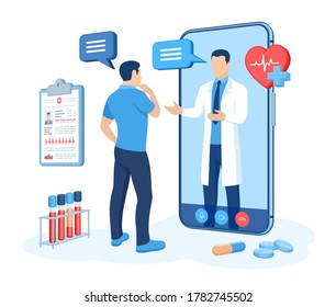 Online medical consultation and support services concept. Doctor videocalling on smartphone screen. Online healthcare and medical advise. Tele medicine e-health service. Flat vector illustration.