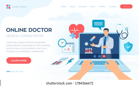 Online medical consultation and support services concept. Online healthcare and medical advise. Tele medicine e-health service. Doctor videocalling on laptop screen. Colourful flat vector illustration