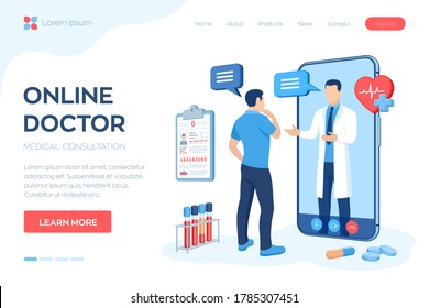 Online medical consultation and support services concept. Doctor videocalling on smartphone screen. Online healthcare and medical advise. Tele medicine e-health service. Flat vector illustration.