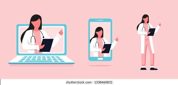 Online medical consultation and support set. Online doctor. Healthcare services, Ask a doctor. Family female doctor, gynecologist with stethoscope on the laptop and phone screen. Full length of doctor