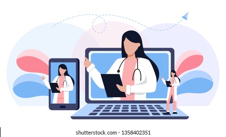 Online medical consultation and support set. Online doctor. Healthcare services, Ask a doctor. Family female doctor, gynecologist with stethoscope on the laptop and phone screen. Full length of doctor