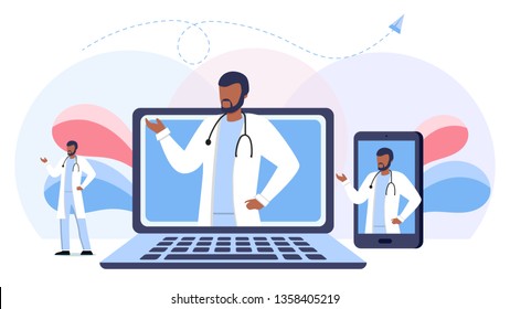 Online medical consultation and support set. Online doctor. Healthcare services, Ask a doctor. Family doctor, therapist with stethoscope on the laptop and phone screen. Full length of doctor