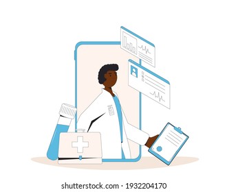 Online medical consultation. Telemedicine. Doctor distant advise. Health insurance. Healthcare services. Vector flat illustration.