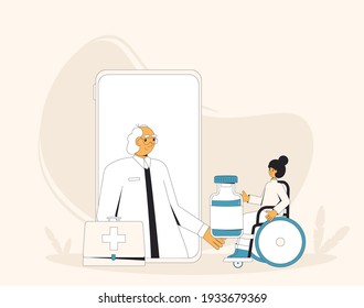 Online medical consultation. Telemedicine. Doctor distant advise on smartphone. Health care by internet. Healthcare services. Vector flat illustration.