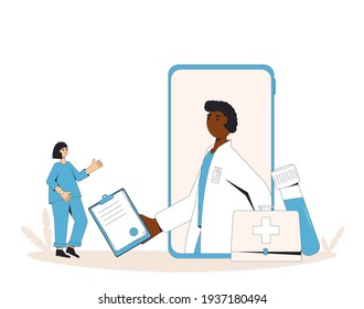 Online medical consultation. Telemedicine. Doctor distant advise. Health insurance. Healthcare services. Vector flat illustration.