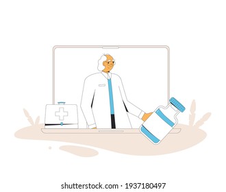 Online medical consultation. Telemedicine. Doctor distant advise. Health care by internet. Healthcare services. Vector flat illustration.