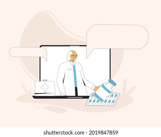 Online medical consultation. Telemedicine. Doctor distant advise. Health care by internet. Healthcare services. Vector flat illustration.