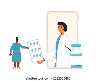 Online medical consultation. Telemedicine. Doctor distant advise. Health care by internet. Healthcare services. Vector flat illustration.