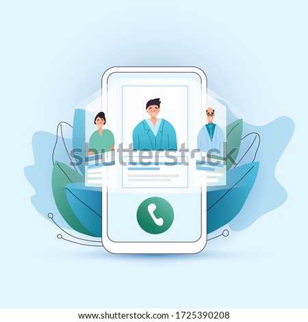 Online medical consultation vector flat concept. Choose your doctor, therapist in your smartphone. Phone screen with choosen therapist and online session. Online medical advise tele medicine.