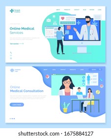 Online medical consultation vector, help of professionals at hospital. Meeting with patient and diagnosis, analysis research conclusion for client. Website or webpage template, landing page flat style