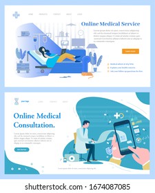 Online medical consultation vector, person using phone to connect to doctor and get help. Patient in room treatment and cure for sick lady. Website or webpage template, landing page flat style