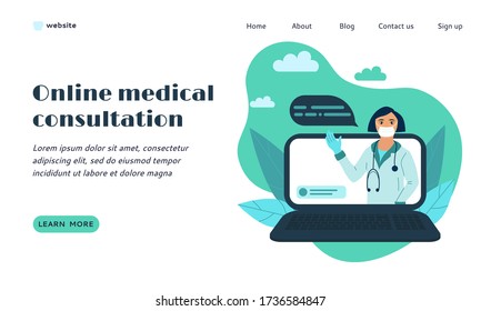 Online Medical Consultation Web Page Template. Doctor Giving Advice to the Patient Over Internet Using Laptop. Online Medicine and Medical Diagnostic Concept. Modern Flat Style Vector Illustration.