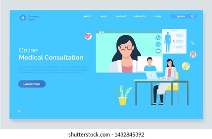 Online medical consultation, woman video chat, monitor of laptop, heart and teeth, dna and injection icons, hospital app, diagnostic care vector. Website or webpage template, landing page flat style