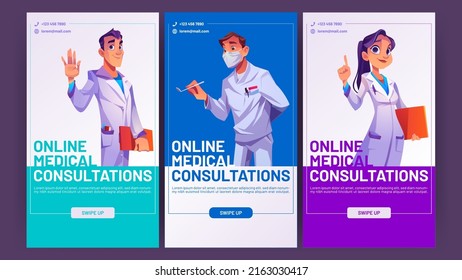 Online medical consultations banners with doctors, hospital or clinic professional staff. Vector social media template of telemedicine, digital service for health consult and diagnosis