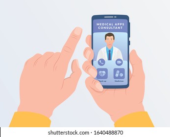 online medical consultations with doctor concept with hand hold smartphone modern flat style