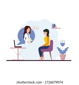 Online medical consultations. A woman doctor treats at home remotely via the Internet. Stylized vector flat illustration. Banner advertising. Consultation of a medical specialist is required.
