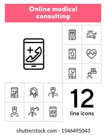 Online medical consulting line icon set. Emergency call, helicopter, doctor schedule. Health care concept. Can be used for topics like medicine, mobile app, medical help