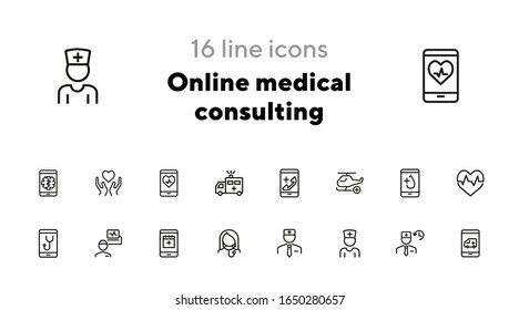 Online medical consulting line icon set. Emergency call, helicopter, doctor schedule. Health care concept. Can be used for topics like medicine, mobile app, medical help