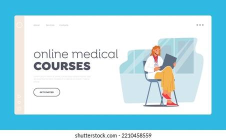 Online Medical Courses Landing Page Template. Student Intern Female Character In Doctor Uniform Sitting on Chair Listening Seminar or Lecture in Medical School. Cartoon People Vector Illustration