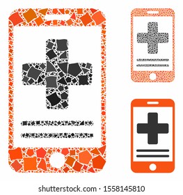 Online medical data composition of raggy parts in different sizes and color tones, based on online medical data icon. Vector tuberous parts are composed into composition.