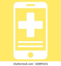 Online Medical Data vector icon. Style is flat symbol, white color, rounded angles, yellow background.