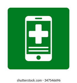Online Medical Data vector icon. Style is flat rounded square button, white and green colors, white background.