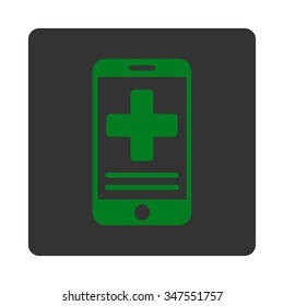 Online Medical Data vector icon. Style is flat rounded square button, green and gray colors, white background.