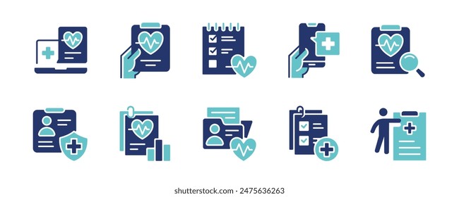 Online Medical Diagnostic Report Symbol Set Krankenhaus-Datensatz Gesundheitsdokument-Analyse Behandlung mit Herzschlagsymbol-Vektorillustration