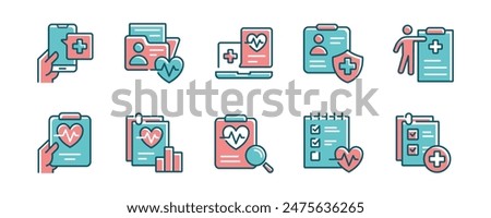 online medical diagnosis report icon set medicine prescription document health care treatment clipboard vector illustration for web and app